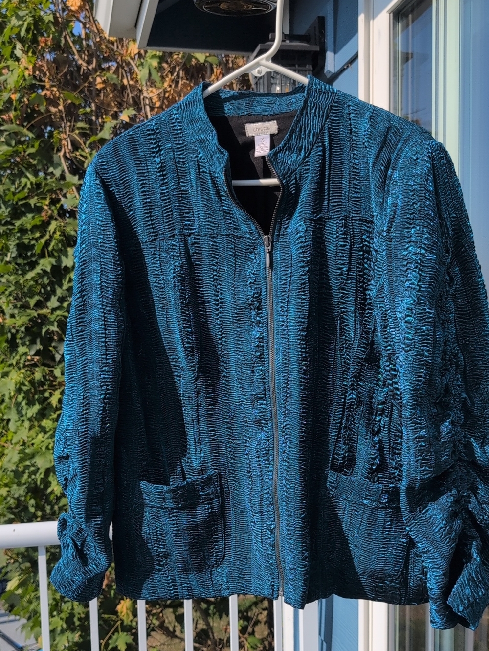 Chicos Teal Textured Zip-Front Jacket